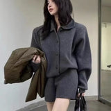 Wjczt Autumn Winter New Two-piece Knitted Sets Single Breasted Sweater Top High Waist Shorts Korean Fashion Casual Outfits Solid Suit