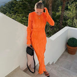 Wjczt Elegant Bodycon Dress for Women 2025 Solid O Neck Flare Sleeves Long Summer Dresses Holiday Vestidos Black Red Orange