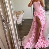 Wjczt  Elegant Pink Flowers Evening Dresses for Women Wedding Formal Occasion Long Side Slit Girls' Party Dress