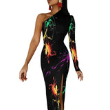 Wjczt Neon Paint Long Dress Women Graffiti Splatter Print Party Maxi Dress Summer Long Sleeve Sexy Bodycon Dresses Side Split Clothes