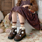 Wjczt Winter Kawaii Girl Sweet Lolita Boots Vintage Round Head Plush Cashmere Warm Women Shoes Cute Bowknot Snow Boots