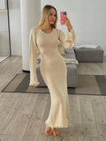 Wjczt 2024 Sexy Solid Women Ribbed Knit Ruffle Trim Long Dress Long Sleeve Bodycon Party Cocktail Dress Flare Summer Beach Cover Up