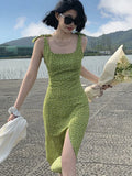 Wjczt Green Elegant Floral Midi Dress Women Casual Vintage Sexy Split Slip Dress Female 2024 Summer Korean Style Slim Club Party Dress