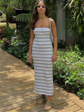Wjczt Backless Contrast For Women Dress Slim Holiday Beach Striped High Waist Off-Shoulder Maxi Dress Skinny Casual Long Dress