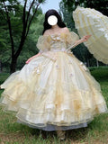 Wjczt Yellow Lace Embroidery Flower Married Lolita Jsk Princess Dress Pannier Women Lolita Wedding Dress Christmas Costume