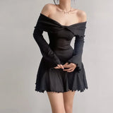 Wjczt Autumn Black A-LINE Dress Women Streetwear Sexy Strapless Off Shoulder Long Sleeves Knitting Mini Dresses Club Elegant Partywear