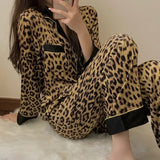 Wjczt Pajamas for Women Spring Autumn Korean Cardigan Long Sleeved Sexy Leopard Print Home Clothing Set Milk Silk Pajamas for Women