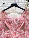 Wjczt Spring Floral Print Chiffon Dress Square Collar Long Puff Sleeves Zipper 2024 Sweet Korean Style Chic Beachwear Dre