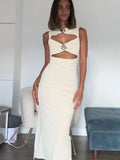 Wjczt Seashell Cut-out Solid Long Dress Women Elegant Round Neck Sleeveless Slim Slit Dresses 2024 New Lady High Street Robes