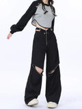 Wjczt Y2K Black Cargo Pants Women Baggy Punk Style Zipper Trouser Hip Hop Gyaru Streetwear High Waist Pant Techwear Hollow Out