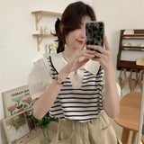 Wjczt  -Fake Two Piece Patchwork Korean Knitted Tshirts Puff Sleeve Women Turn-down Collar Ice Silk Tees Loose Striped Y2k Camisetas