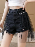 Wjczt Design Sense Mesh Stitching Women'S Denim Shorts High Waist Raw Edge Fake Two-Piece Wide Leg Hot Pants Korean Women Clothing