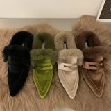 Wjczt Luxury Fur Furry Women Slippers Fur Flat Mules Fashion Velour Slides Indoor Outdoor Sexy Cotton Warm Slides Winter flats shoes