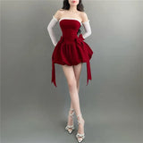 Wjczt Sexy Bow Strapless Dresses Summer Women's Dress 2025 New Lace Slash Neck Solid Skinny High Waist Wrapped Chest Mini Dress Women