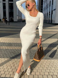 Wjczt White Scoop Neck Knit Dress Female Basic High Split Autumn Solid Elegant Ribbed Party Dress Patchwork Long Sleeve Dress