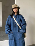 Wjczt Oversized Vintage Denim Dress Female Retro Japanese Loose Stand Collar Long Sleeves Big Pocket Long Dress 2022 New Spring