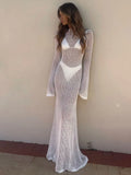 Long Sleeve Knit Beach Dress Women Sexy See Through Slim Maxi Dress Summer Elegant Solid Backless Long Dress Holiday Outfit 2025