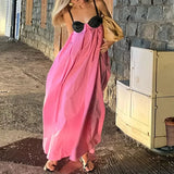 Wjczt Sexy Backless Pink Dress Women 2024 New Sleeveless Loose Slip Long Dress Summer Fashion Panelled Bandage Holiday Robe Vestidos