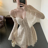 Wjczt Sexy Lace Mini Dresses for Women Flare Sleeve Square Collar Corset Slim A-line Wedding Birthday Party Dress Y2K Prom Vestidos