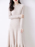 Wjczt Autumn New 100% Wool Knit Dress Women's O-Neck Long Over The Knee Sweater Fashion Slim Fish Tail Skirts Knitted Pullover Skirt