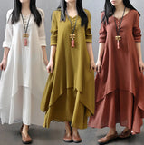 Wjczt Autumn Women Boho Vintage Dress Literary Large Swing Elegant Dresses Linen Layering Long Sleeve Casual Fake Two-Piece Vestidos