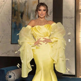 Wjczt Luxury Pearls Dubai Arabic O-Neck Evening Dress  Mermaid Long Puff Sleeves Formal Prom Wedding Party Gown for Women