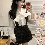 Wjczt Autumn Korean Retro Sweet 3 Piece Set Women White Shirt + Strap Vest + Pleated Skirt Design College Style Fashion Y2k Suit 2024