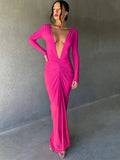 Wjczt Deep V Neck Ruched Maxi Dress Women Gown Autumn New Long Sleeve Backless Bodycon Sexy Party Evening Dress Vestidos