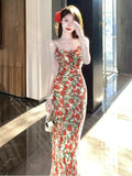 Wjczt Summer New Rose Floral Printed Midi Dress French Style Women's Spaghetti Strap Slim Waist Backless Vestidos Elegant Party Robe