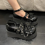 Wjczt  Spring Chunky Platform Mary Janes Women Sweet Bowtie Ankle Strap Lolita Shoes Woman Rivets Punk Gothic Shoes Pumps