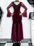 Wjczt Gothic Lace Long-Sleeved Fishtail Dress Annual Party Red prom