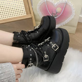 Wjczt Punk Black Chunky Platform Ankle Boots Women Winter Pu Leather Gothic Lolita Shoes Woman Metal Chain Thick Sole Y2K Boots