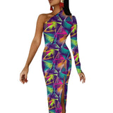 Wjczt Neon Paint Long Dress Women Graffiti Splatter Print Party Maxi Dress Summer Long Sleeve Sexy Bodycon Dresses Side Split Clothes