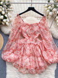 Wjczt Spring Floral Print Chiffon Dress Square Collar Long Puff Sleeves Zipper 2024 Sweet Korean Style Chic Beachwear Dre