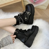 Wjczt Punk Black Chunky Platform Ankle Boots Women Winter Pu Leather Gothic Lolita Shoes Woman Metal Chain Thick Sole Y2K Boots