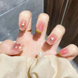 Wjczt 24pcs French Point Diamond Fake Nails Wearing Artificial Square Head Press On Acrylic Nail Art Pearl Patch Almond False Nails