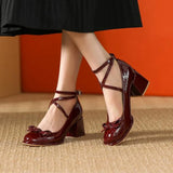 Wjczt Ladies Lolita Sweet Fashion Shoes Retro Cross-Tie Pumps Casual Summer Marry Janes Round Toe Shoes Woman Bow Design