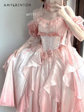 Wjczt Sweet Girl Pink Princess Dress Lolita Dress Elegant Off-Shoulder High Waist Slim Gradient Color Sexy Dress Birthday Dresses