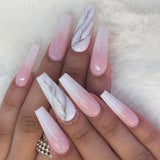 Wjczt 24Pcs Marble Gradient Long Coffin False Nails Full Cover Nail Tips Press Glue Detachable Wearable Gold Foil Ballerina Fake Nails