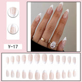 Wjczt 24pcs French Point Diamond Fake Nails Wearing Artificial Square Head Press On Acrylic Nail Art Pearl Patch Almond False Nails