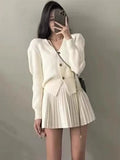 Wjczt Casual Knitted 2 Piece Set Single Breasted V-neck Top + High Waist Mini Pleated Skirt Autumn Spring Korean Fashion Solid Outfits