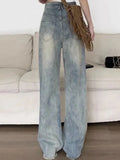 Women Korean Retro High Waist Loose Flare Jeans Lady Designer Baggy Wide Leg Pants Korean Version Raw Edge Denim Blue Trousers