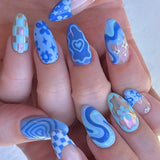 Wjczt 24Pcs Blue Flower False Nails Almond Cute Heart with French Design Detachable Fake Nails Artificial Press on Nails Tips Art