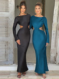 Wjczt Elegant Satin Backless Maxi Long Dress For Women Fashion O Neck Long Sleeve Bodycon Club Party Sexy Long Dress New