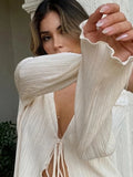 Wjczt Fashion French Blouse Folds V-Neck Cardigan For Women Long Sleeve Sexy Slim Ruffles Top Summer Casual Streetwears 2024