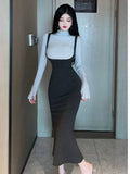 Wjczt 2024 Spring Autumn Women's Mature Sexy Spicy Girl Long Sleeve Knitted Top Slim Wrap Hip Half Dress Fashion Two Piece Set 0GKC