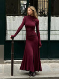 Wjczt Female Fashion Sexy Solid Half High Collar Slim Dress Elegant Chic Long Sleeve Dresses 2025 Autumn Women High Street Vestidos