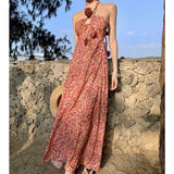 Wjczt NEW Halter Backless Beach Dresses Ladies Elegant Strappy Long Floral Dress 2024 Summer Slim Women's Bridesmaid Chic Sundress