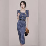 Wjczt Korean Fashion Summer Short Sleeve Split Temperament Square Collar Midi Length Dress Elegant Woman Party Dresses 2023 with Belt