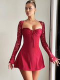 Wjczt Halter Strapless Sexy Mini Dress For Women Summer New Sheer Lace Long Sleeve Backless Lace-up Party Dress Fashion